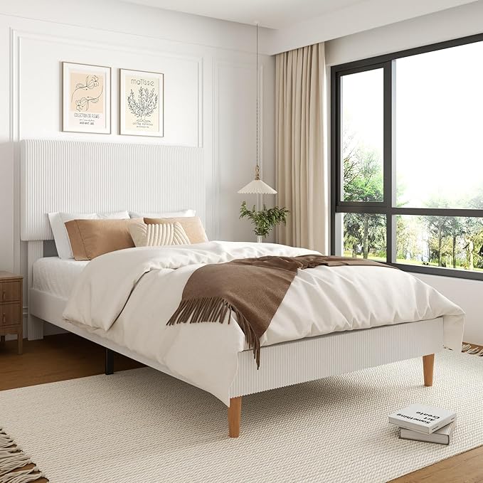 Full Size Bed Frame, Upholstered Platform Bed with Adjustable Headboard, Vertical Fluted Tufted, Soft Corduroy Fabric, Wooden Slats Support, No Box Spring Needed, Easy Assembly, Brown