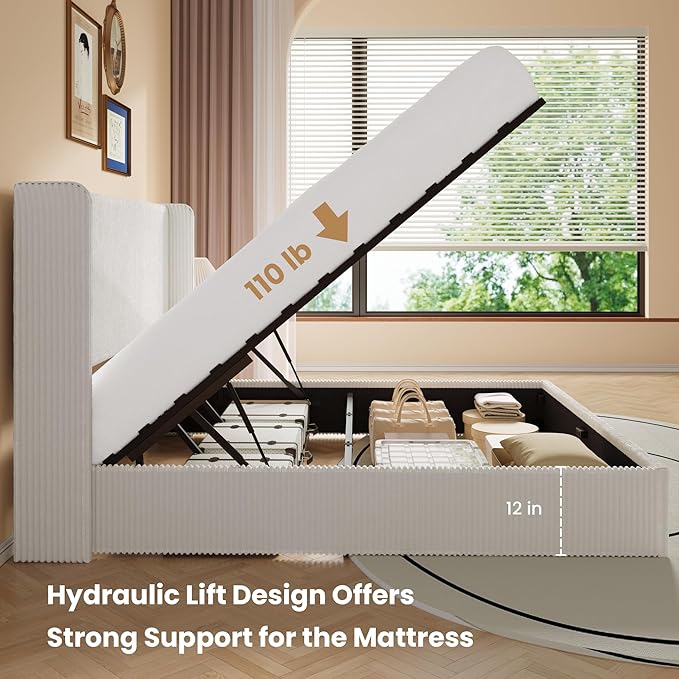 SHA CERLIN King Size Lift Up Storage Bed Frame, Modern Upholstered Wingback Headboard, Hydraulic Support & Underneath Storage, Soft Corduroy Fabric Platform Bed, No Box Spring Needed, White