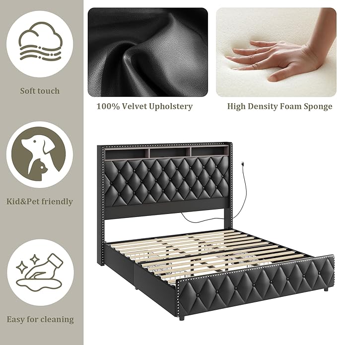 GarveeHome Queen Bed Frame with 50.8 in Tall Headboard, Platform Leather Upholstered Bed Frame with 4 Storage Drawers, USB Charging Station, Led Lights, No Box Spring Needed, Easy Assembly, Black