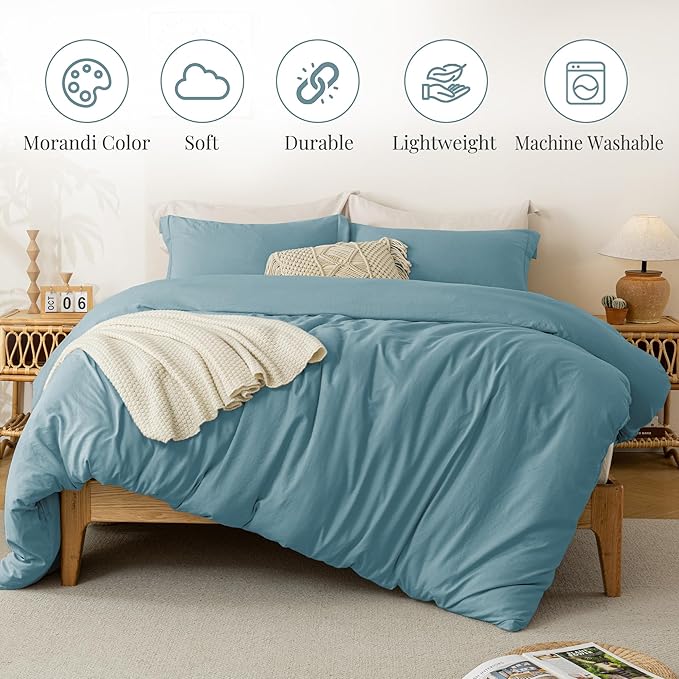 MILDLY Super Soft Duvet Cover - 100% Washed Microfiber Grayish Blue Comforter Cover Set 3 Pieces with Zipper Closure & Corner Ties (No Comforter)