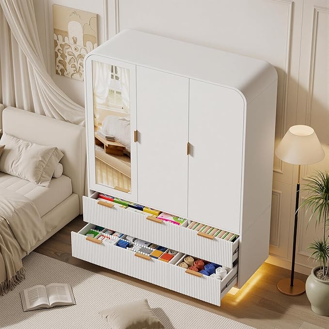 3 Door Wardrobe Closet with Mirror and LED Lights,Wooden Bedroom Armoires with Hanging Rods & Shelves, Drawers for Bedroom,Laundry Room,Cloak Room,White