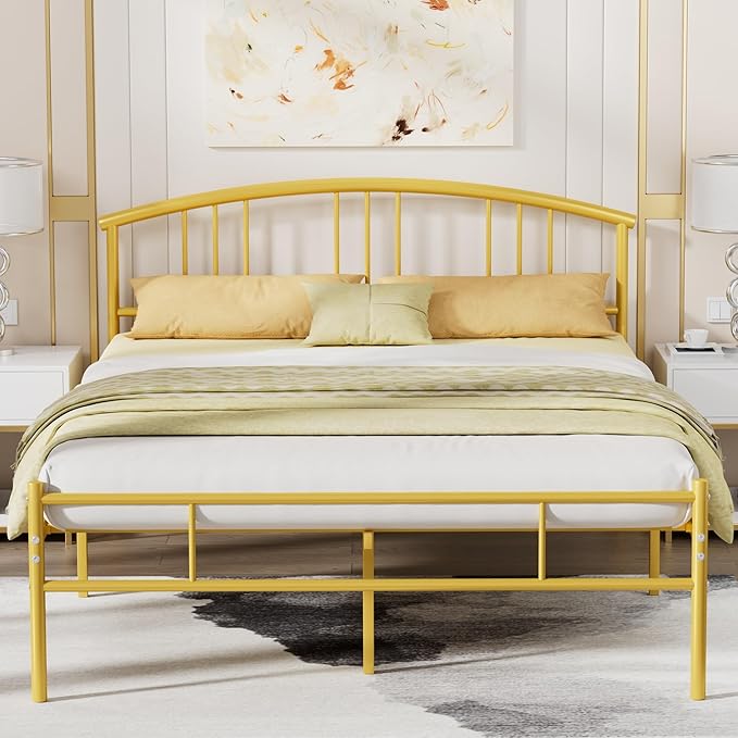 VECELO 14 inch Full Bed Frame Gold Beds Metal Platform Mattress Foundation with headboard Footboard Steel Slat Support/No Box Spring Needed/Easy Assembly