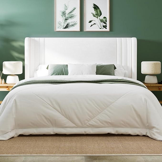 Allewie Queen Size Velvet Platform Bed Frame with Vertical Tufted Wingback Headboard, Easy Assembly, Under Bed Storage, No Box Spring Required, Modern Style, White