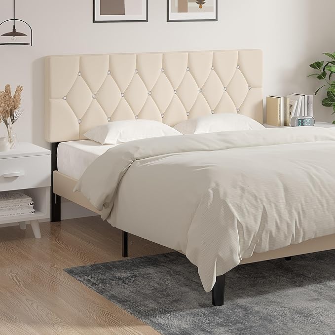 VECELO Tufted Upholstered Headboard King Size, with 6 Adjustable Height from 39.8" to 49.8", Button Diamond Design, Easy Assembly, Beige
