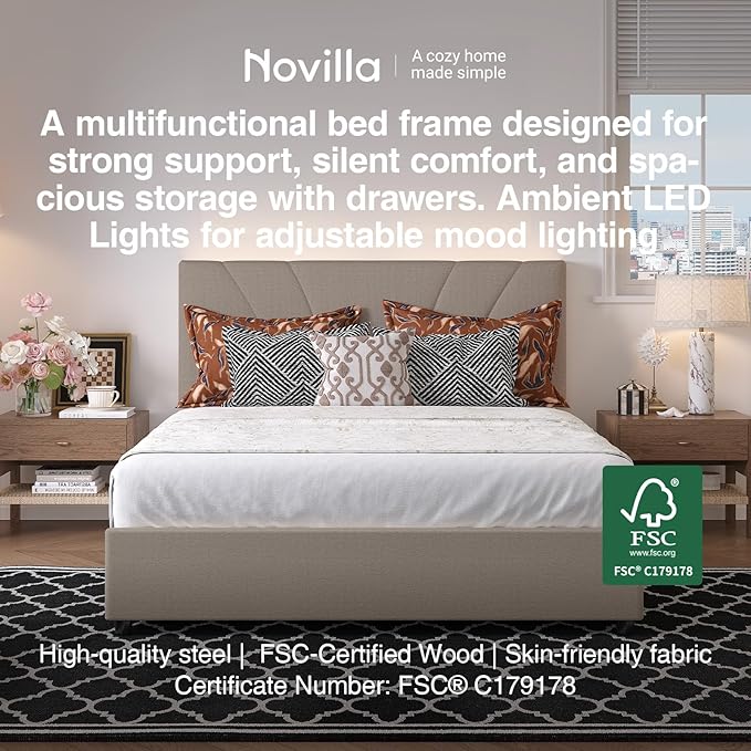 Novilla Queen Bed Frame with Drawers, Queen Bed Frame with Headboard, LED Bed Frame Queen Size, Charging Station and Adjustable Headboard Bed Frame Queen Size, No Box Spring Needed, Beige