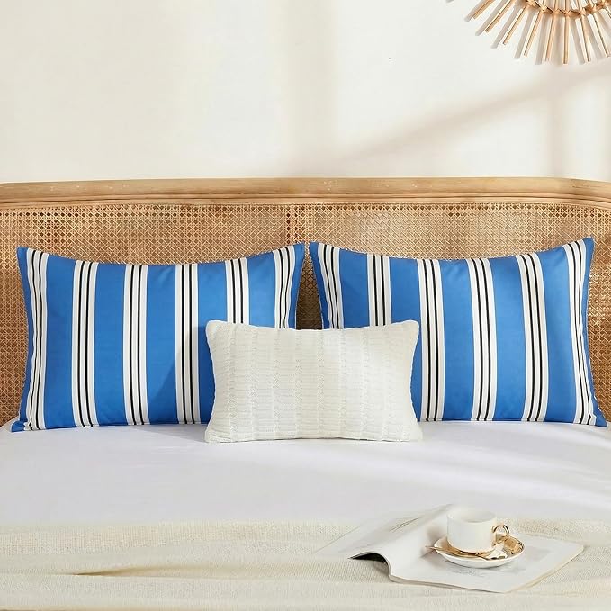 Merryword King Size Pillowcases, 100% Cotton Pillow Cases, Blue Striped Pillowcases, Soft Breathable Ribbon Stripe Pillow Covers, Set of 2