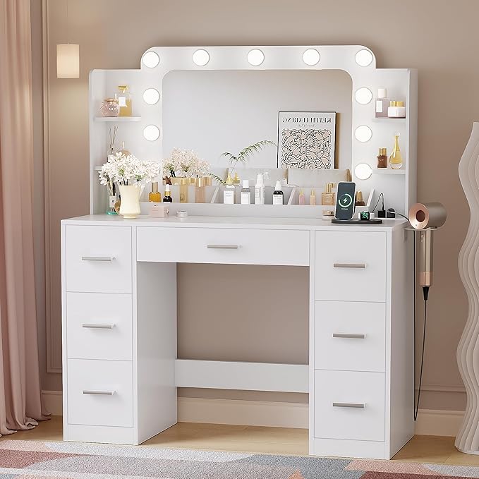 YESHOMY Vanity Desk with Large Lighted Mirror, Power Outlet and 11 Lights, Makeup Table with 7 Drawers and 3 Desktup Storage Units, 3 Color Modes Available for Bedroom, Snow White