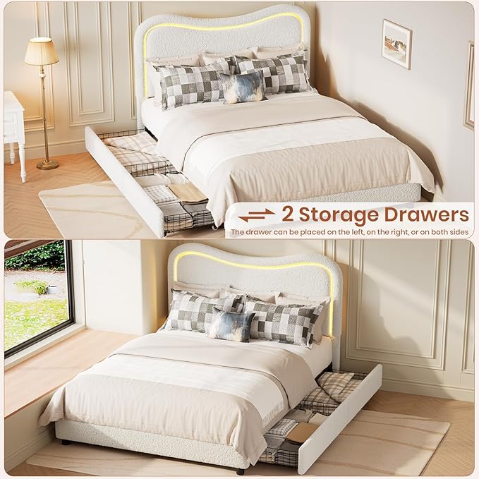 GarveeHome LED Queen Bed Frame with 2 Drawers and Headboard, Cute Upholstered Bed with Storage, Sturdy Platform Bed, No Box Spring Needed, Wooden Slats, Noise Free, White