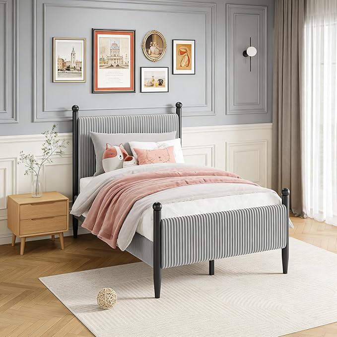 Garvee Twin Size Upholstered Bed Frame - with Velvet Headboard, Soft Corduroy Fabric Platform with Wooden Slats Support & Heavy Duty Feet, No Box Spring Needed, Noise Free, Easy Assembly, Grey