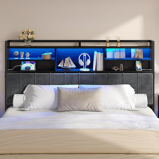 Hzuaneri Headboard with 3-Tier Storage Shelves, Velvet Upholstered Head Board with 2 Outlets, USB Ports & LED Light, Soft Backrest for King Size Bed, Black BH19404B