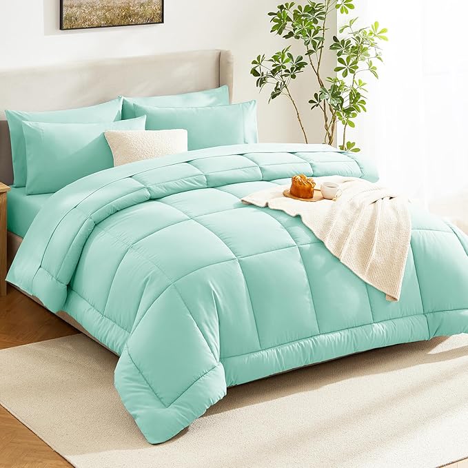 CozyLux Queen Comforter Set Mint Green, 7 Pieces Bed in a Bag, Green Comforters Queen Size, All Season Bedding Sets with Stitch Quilted Comforter, Flat Sheet, Fitted Sheet, Pillowcases