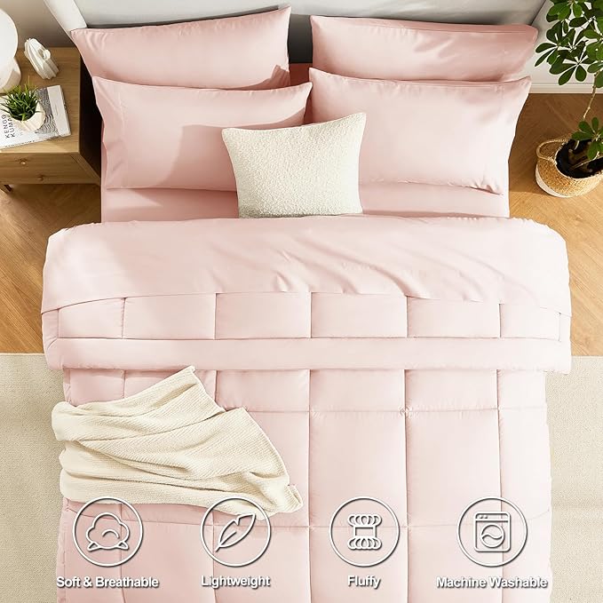 CozyLux Queen Comforter Set Blush Pink, 7 Pieces Bed in a Bag, Pink Comforters Queen Size, All Season Bedding Sets with Stitch Quilted Comforter, Flat Sheet, Fitted Sheet, Pillowcases