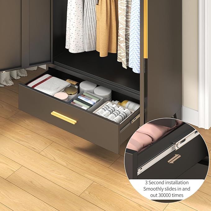 72" Tall Metal Wardrobe Closet - Large Clothing Storage Cabinet with 1 Hanging Rod, 1 Adjustable Shelve, 1 Drawer & Mirror Doors - Closet Organizer for Bedroom, Office, Laundry Room, Garage - Black
