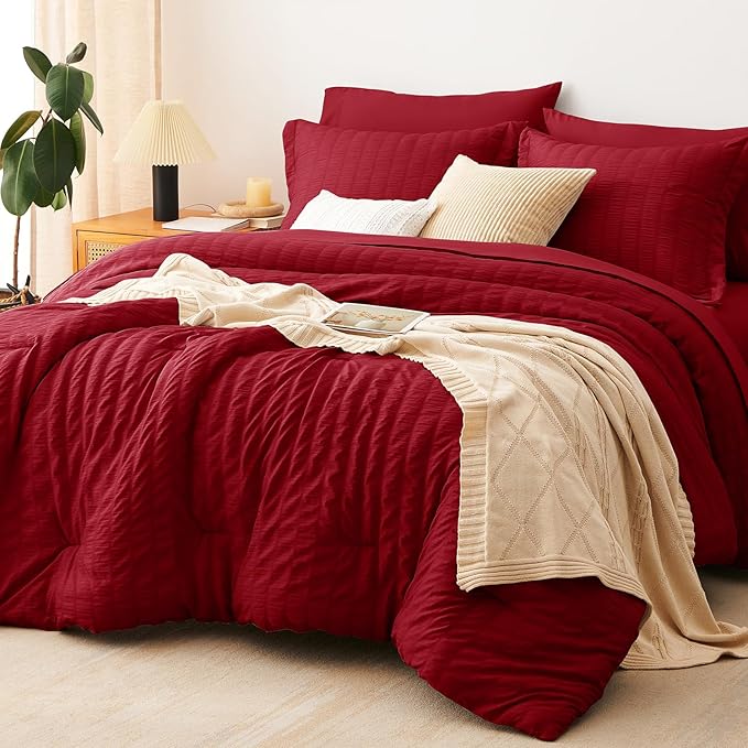 CozyLux Queen Comforter Set Dark Red Seersucker 7 Pieces Bed in a Bag Queen Comforter Set with Sheets, Luxury Soft Bedding Sets with Down Alternative Comforter, Sheets, Pillowcases & Shams All Seasons