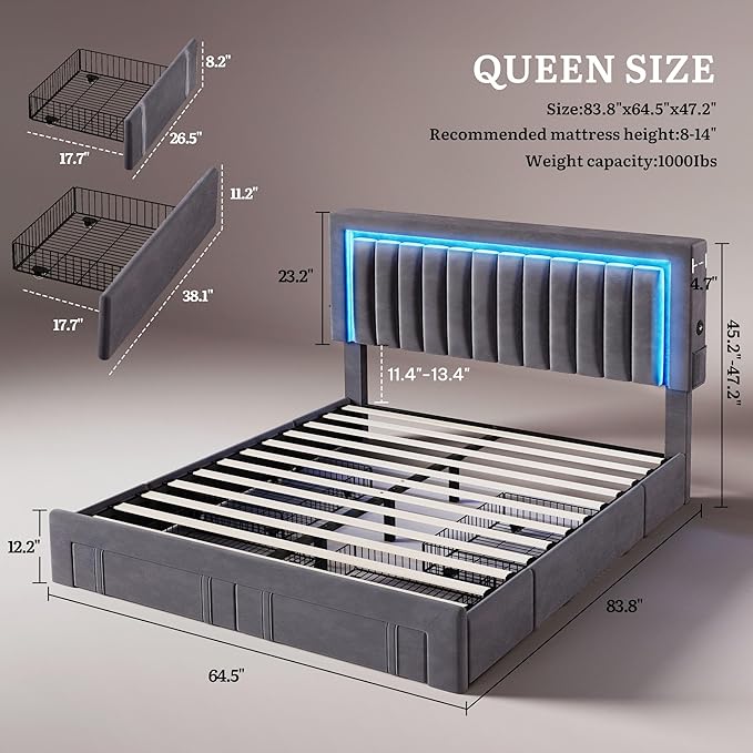 YITAHOME Queen Size Bed Frame with Adjustable Headboard, 4 Storage Drawers and RGB LED Lights, Velvet Upholstered Platform Bed with USB Ports, No Box Spring Needed, Fast Assembly, Noise-Free, Gray