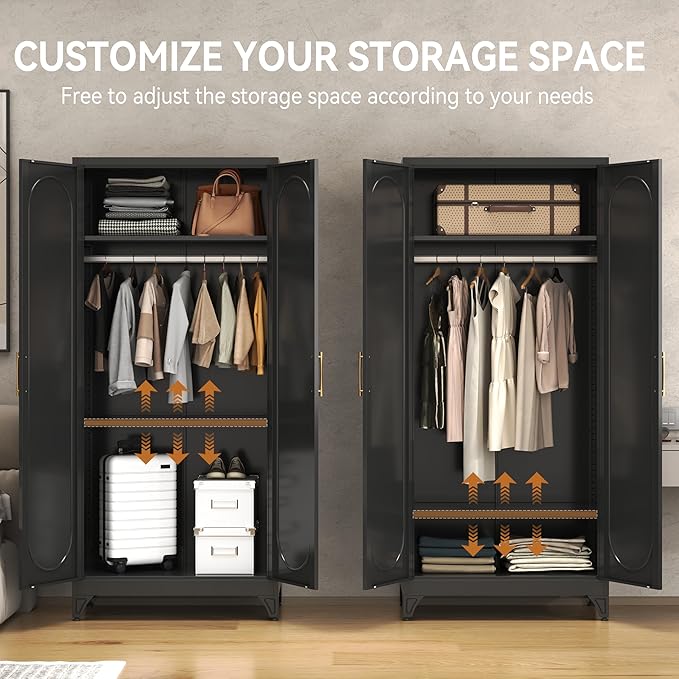 Polup Metal Armoire Wardrobe Closet with Doors and Shelves, 71" Tall Wardrobe Closet with Hanging Rod, Freestanding Clothes Cabinets, Large Wardrobes for Bedroom, Home Office, Employee, Black