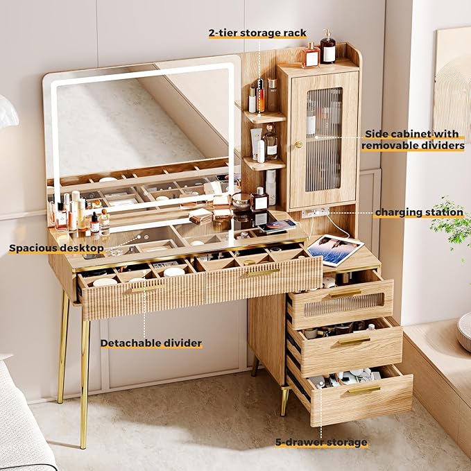 Arulvmrn Vanity Desk with Mirror and Lights, with Power Outlet and 10 Lights Modern Capacity Makeup Vanity with 3 Drawers, Makeup Table for Bedroom,Makeup Room,White