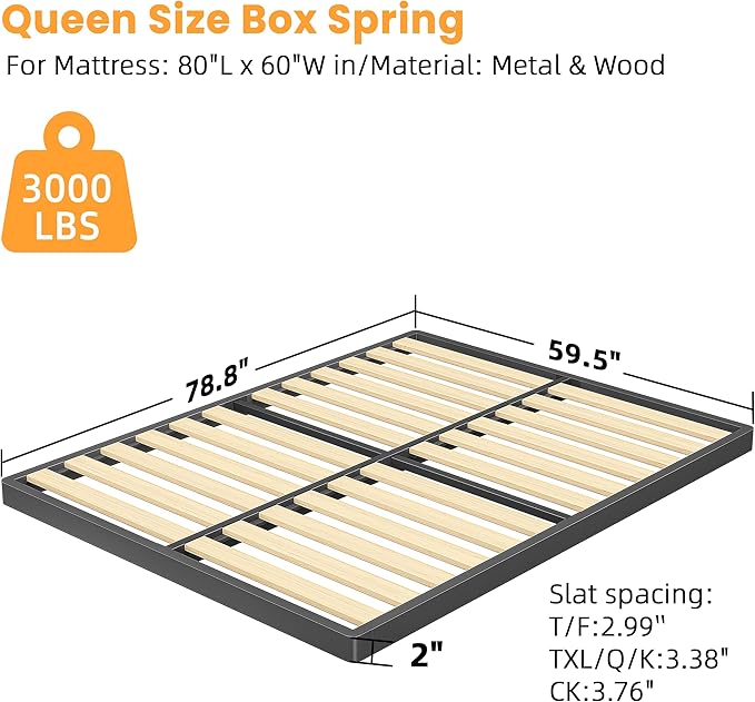 VIPSHOW 2 Inch Wood Slat Queen Box Spring with Round Corners - 3000 lbs Capacity, Low Profile Bed Slat Replacement Bunkie Board with Metal Frame, Noise-Free, Easy Assemble, Black