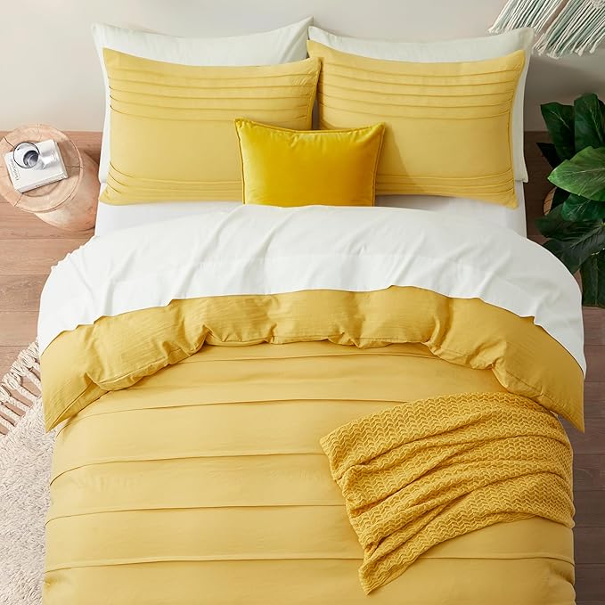 Oli Anderson Mist Yellow Duvet Cover King Size - Pleated King Duvet Cover, 3PCS Soft and Breathable Textured Bedding Set with Zipper Closure(Mist Yellow,104"x90")
