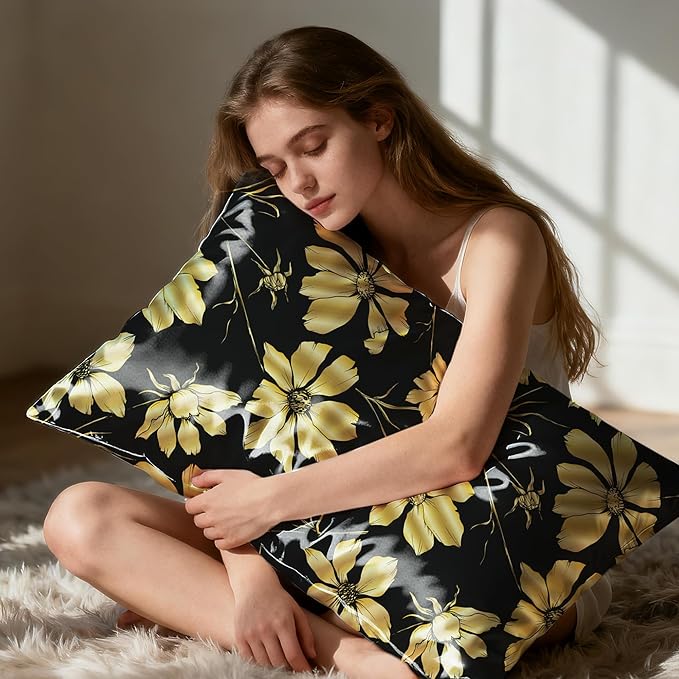 EXQ Home Satin Pillowcase for Hair and Skin Queen - Printed Golden Flowers Silk Pillow Cases 2 Pack 20x30 inches - Satin Pillow Cases Set of 2 with Envelope Closure, Gifts for Women Men