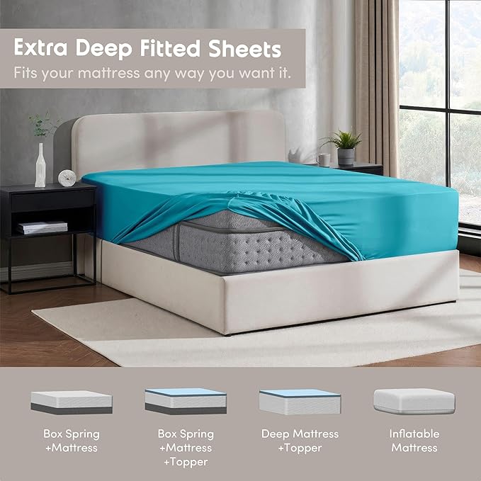 Nestl 4 Pack Bright Blue Fitted Sheet Extra Deep Pocket, Hotel Luxury Cal King Fitted Sheet Only Easily Fits 18 to 24 Inch Mattress, Super Soft, Wrinkle-Free and Breathable with Corner Straps