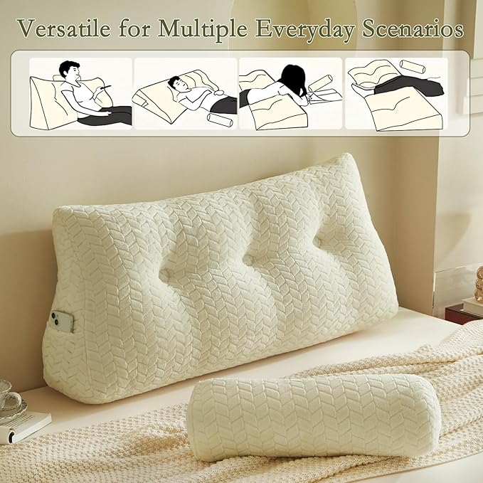 YOUR MOON Wedge Headboard Pillow Twin Size, Triangular Wedge Backrest Pillow with 1 Pack Neck Roll Pillows, Headboard Pillow for Bed,Daybed,and Lounging, Large Bed Bolster Pillows,Off White