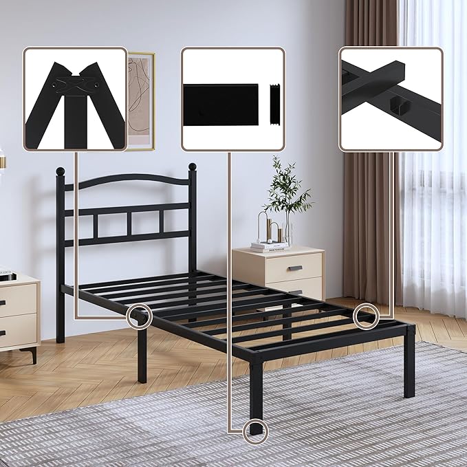 SHOANED Metal Bed Frame with Headboard - 14 Inch Twin XL Size Heavy Duty Bedframe Black Basic Steel Slats Platform No Box Spring Needed/Easy Assembly/Noise Free