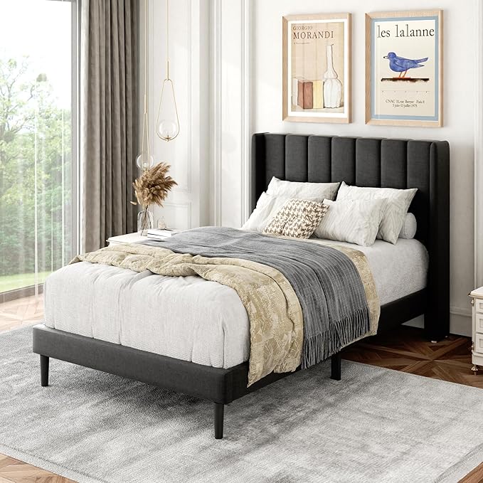 Gruwans Twin Size Bed Frame with Upholstered Wingback Headboard, Easy Assemnly Platform Bed, Wooden Slat Support No Box Spring Needed, Dark Gray