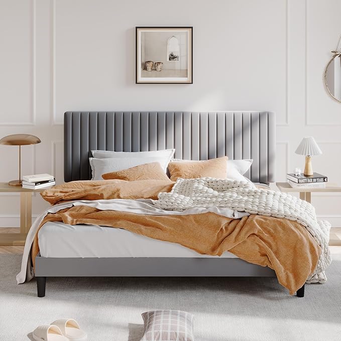 SHA CERLIN King Upholstered Platform Bed Frame with Vertical Channel Tufted Velvet Fabric Adjustable Headboard, Wooden Slats Support, Mattress Foundation, Box Spring Optional, Grey