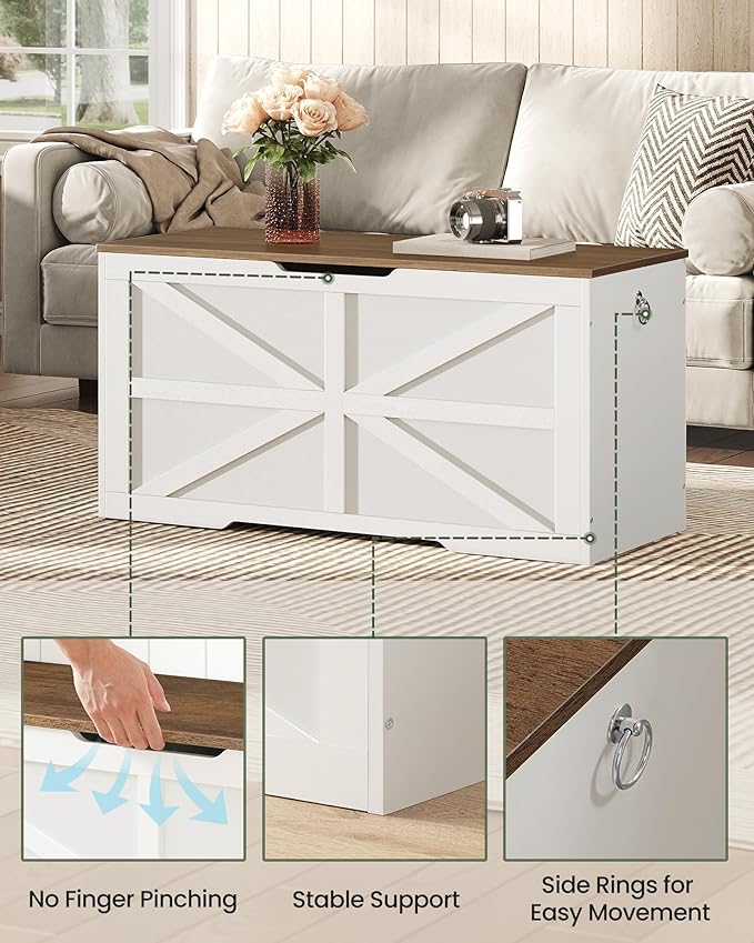 CHOEZON Storage Chest, 39.4" Toy Chest, Modern Storage Bench with Safety Hinge, Toy Box, Farmhouse Style, for Bedroom, Living Room, Walnut and White MCW10WL