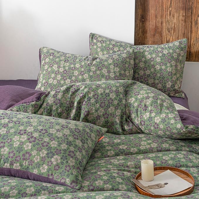 VM VOUGEMARKET Vintage Floral Jacquard Duvet Cover Set King Breathable Double Layered Gauze Bedding Collection for All-Season,Green & Purple