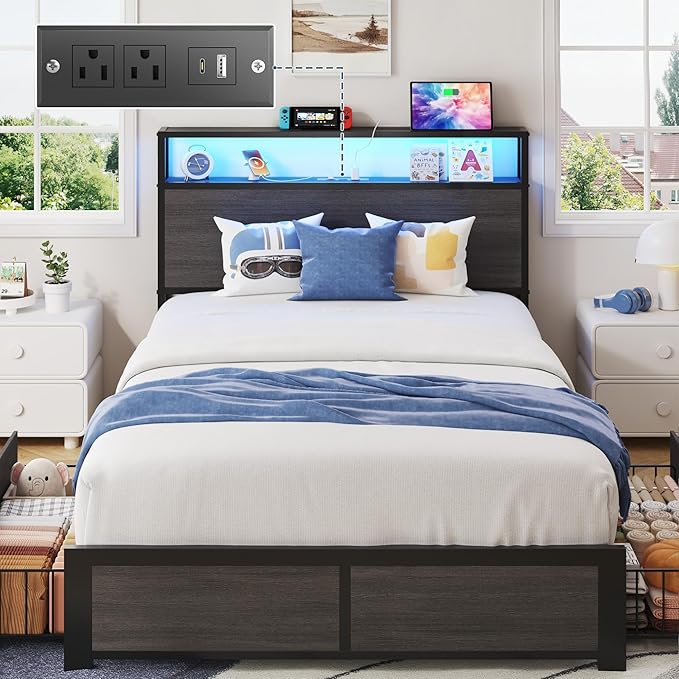 PHGLL Twin Bed Frame with 2-Tier Storage Headboard, Twin Size Metal Bed Frame with 2 Storage Drawers, 3-in-1 Charging Station & RGB LED, Noise-Free/Metal Support/No Box Spring Needed, Rustic Grey