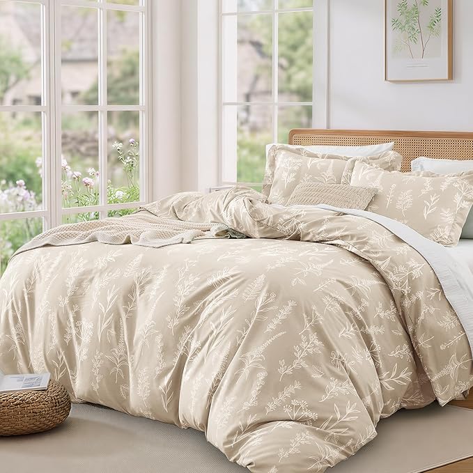 MUXHOMO Duvet Cover Full Size, Reversible Floral Beige Duvet Cover Set with Zipper Closure, 3 Pieces Botanical Patterns Soft Microfiber Bedding Set with 4 Ties (80"x90", 2 Pillow Cases)