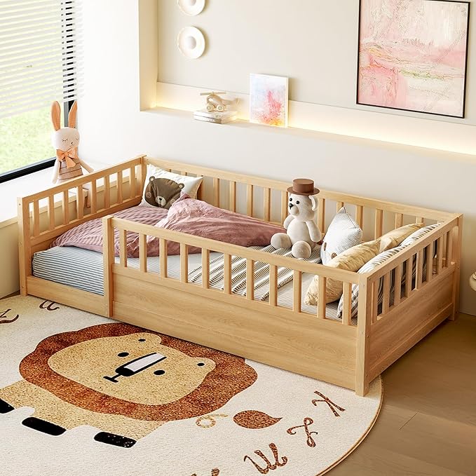 Bellemave Twin Size Floor Bed with High Fence, Wood Montessori Bed with Slats and Guardrails, Montessori Floor Beds Frame for Kids, Girls, Boys, Natural