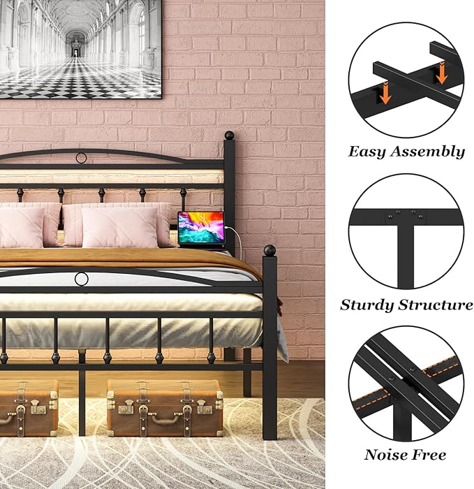 Jenmit Full Size Bed Frame with Headboard,Metal Platform Bed Frame with Charging Station & LED Lights,12in Storage Space Under Bed, No Box Spring Needed, Noise Free, Easy Assembly, Black