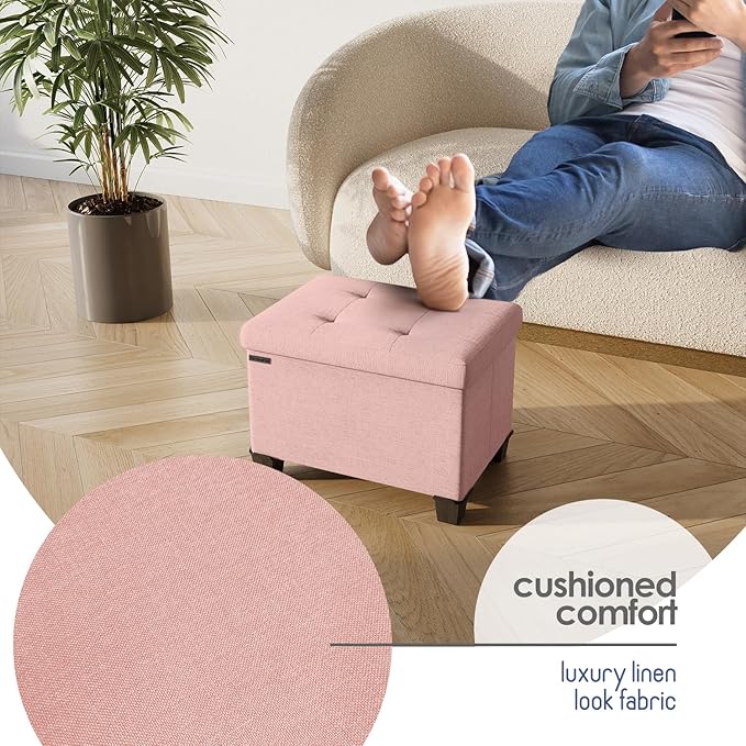 Storage Ottoman Cube with Small Bin, 16-in Square Ottoman with Storage for Living Room and Bedroom, Small Ottomans Foot Rest, Fabric Foot Stools Ottomans Max 330lbs, Pink