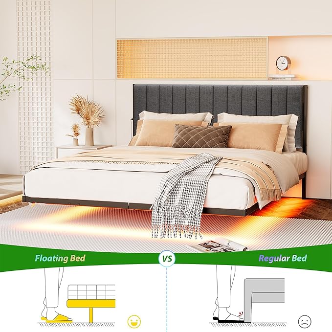 Floating Queen Bed Frame with LED Lights & Charging Station,Modern Metal Platform Bed Frame Queen Size with Upholstered Headboard,No Box Spring Needed,Heavy Duty Steel Slats,Easy Assembly,Noise Free
