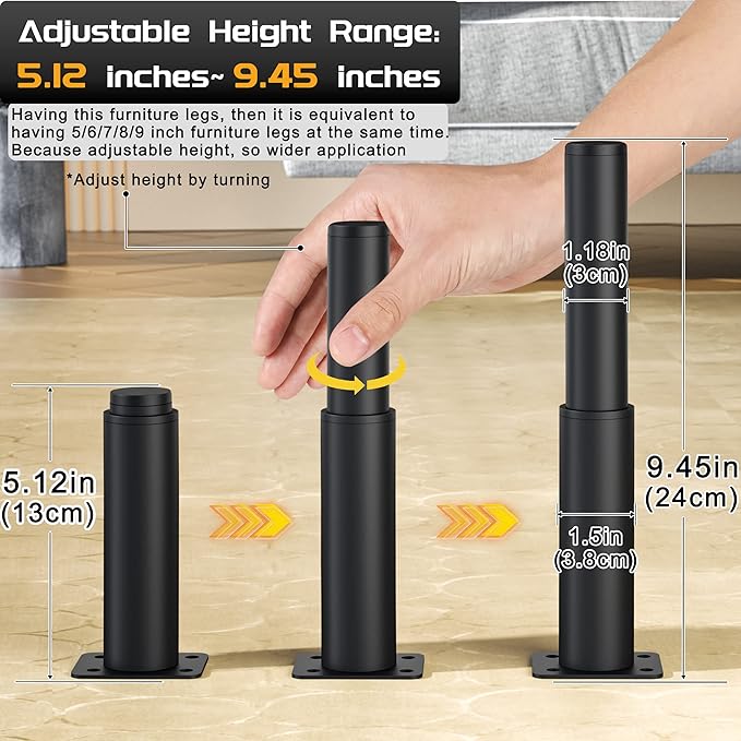 Metal Adjustable Furniture Legs 5.12-9.45 inch, Wlrrcwdttc Sofa Legs Cabinet Legs Adjustable Height Replacement Support Legs for Bed/Couch/Dresser/Chair/Coffee Table, Legs for Furniture Set of 2-Black