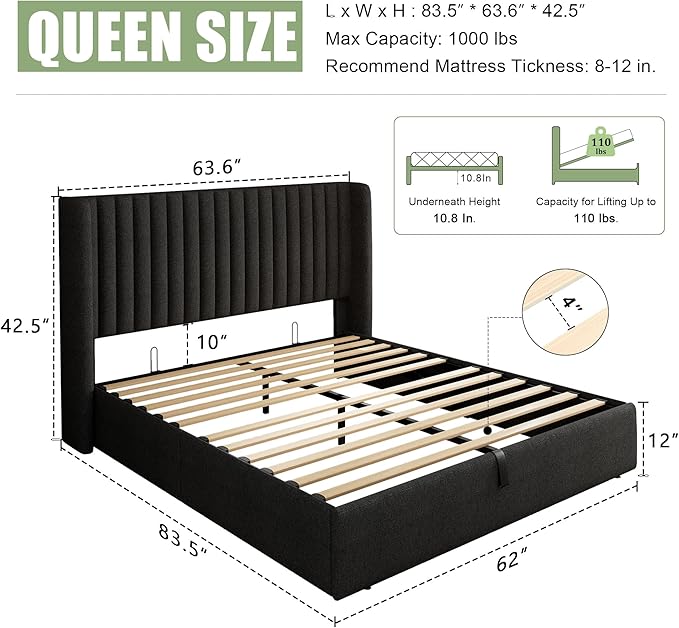 Feonase Queen Size Lift Up Storage Bed Frame, Linen Upholstered Platform Bed with Wingback Headboard, Hydraulic Storage, No Box Spring Needed, Dark Gray