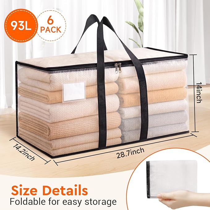 BlissTotes Moving Bags, 93L 6-Pack Storage Bags, Moving Box Heavy Duty Extra Large, Moving Totes with Zipper, Large Packing Bag with Reinforced Handles, Boxes for Packaging Moving
