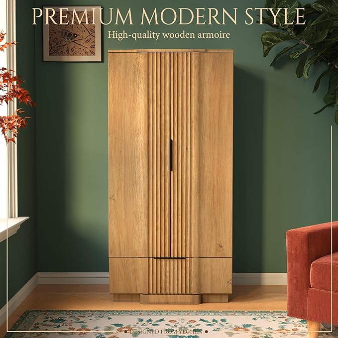 Yechen 67" Fluted Armoire Wardrobe Closet Set of 3 with Doors and Drawer, Wooden Wardrobe Closet Cabinet with Adjustable Shelve, Modern Small Armoires Storage Clothes, Coats for Bedroom, Natural, 3pcs