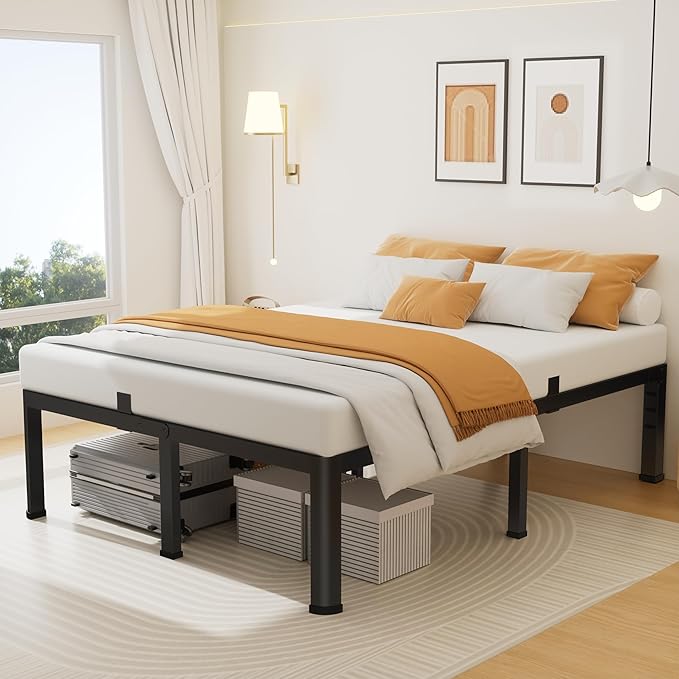 12 Inch Queen Bed Frame, Metal Platform Bed Frame with Round Corner Legs, 3500 lbs Heavy Duty Steel Slats Support, No Box Spring Needed, Noise Free, Easy Assembly, Black