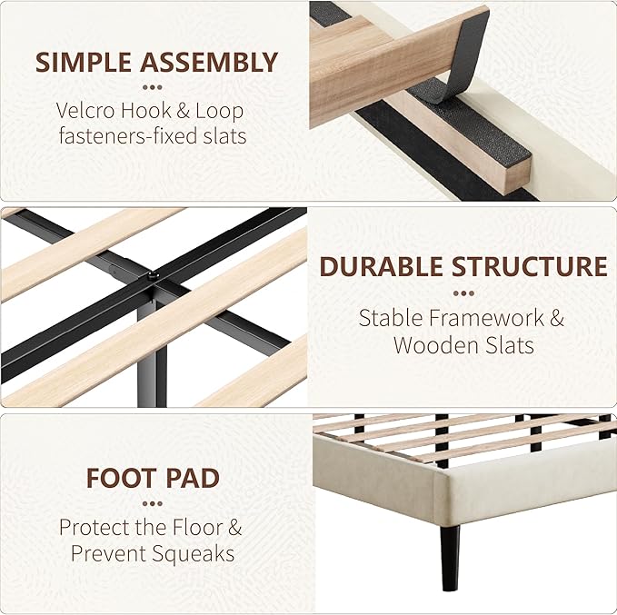 Queen Size Bed Frame with Linen Upholstered Platform Bed Frame, Wooden Slats Support, Noise-Free Mattress Foundation, No Box Spring Needed, Easy Assembly, Beige
