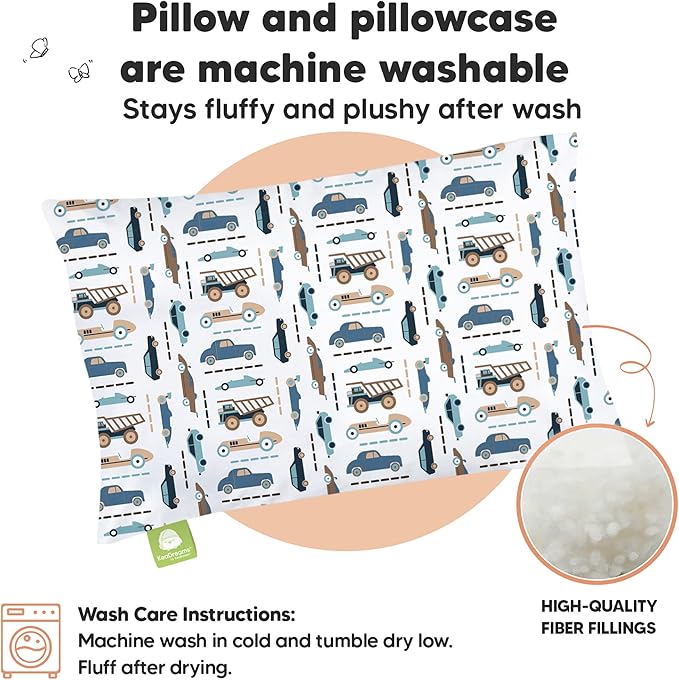 Toddler Pillow with Pillowcase - 13x18 My Little Dreamy Kids Travel Bed Pillows for Sleeping, Organic Cotton Small Pillowcase, Soft & Breathable, Machine Washable, Toddlers 2-5 years old (Vroom)