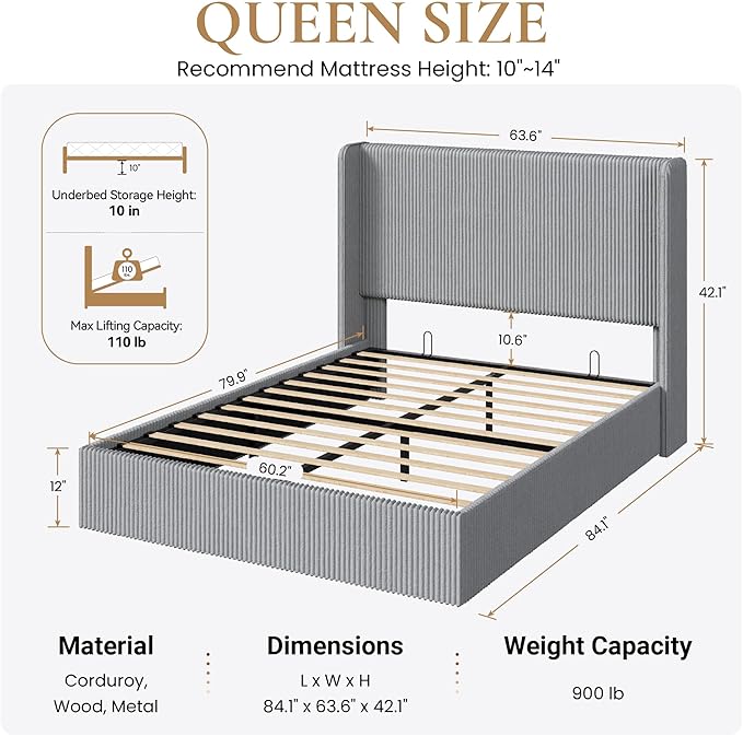 SHA CERLIN Queen Size Lift Up Storage Bed Frame, Modern Upholstered Wingback Headboard, Hydraulic Support & Underneath Storage, Soft Corduroy Fabric Platform Bed, No Box Spring Needed, Light Grey