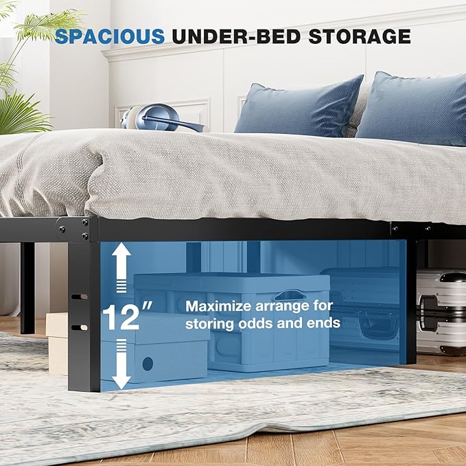 OLIXIS Metal King Bed Frame - 14in High with Storage Space, No Box Spring Needed with Sturdy Steel Slat Support, 2200LBS Heavy Duty for Easy Assembly, Black for Bedroom