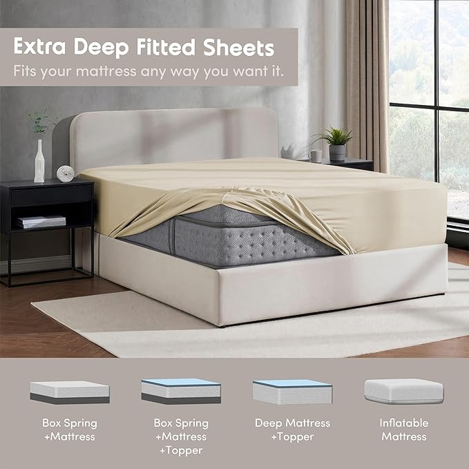 Nestl 4 Pack Beige Cream Fitted Sheet Extra Deep Pocket, Hotel Luxury QueenFitted Sheet Only Easily Fits 18 to 24 Inch Mattress, Super Soft, Wrinkle-Free and Breathable with Corner Straps