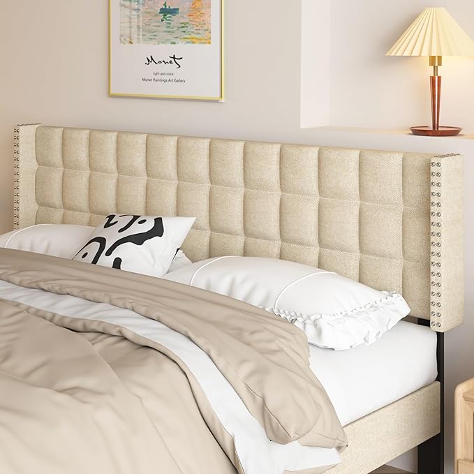 VECELO Headboard Queen Size, Linen Upholstered Headboards Only with Nailhead Trim Wingback, Square Stitched Design, Adjustable Height from 40" to 49.8", Oatmeal