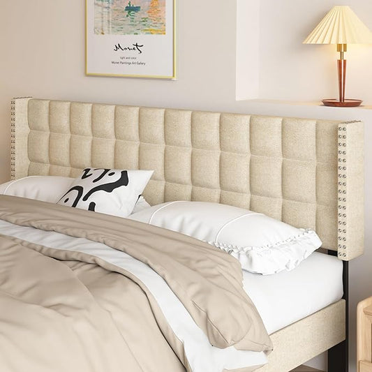 VECELO Headboard Queen Size, Linen Upholstered Headboards Only with Nailhead Trim Wingback, Square Stitched Design, Adjustable Height from 40" to 49.8", Oatmeal
