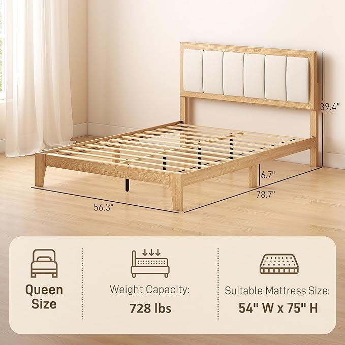 HOMCOM Full Size Bed Frame with Upholstered Headboard, Platform Bed Frame with Wooden Slats, No Box Spring Needed, Easy Assembly, Natural